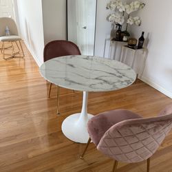 Modern Round Dining Set – Marble Glass Top Table + 2 Blush Pink Velvet Chairs
