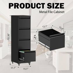 File Cabinet with Wheels, 4 Drawer Metal File Cabinet, Black Lockable Storage File Cabinet for Letters/Legal/A4 Files, Vertical File Cabinet for Home
