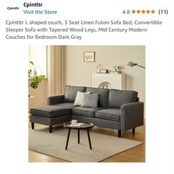 Cpintltr L shaped couch, 3 Seat Linen Futon Sofa Bed, Convertible Sleeper Sofa with Tapered Wood Legs, Mid Century Modern Couches for Bedroom Dark Gra