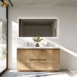 Angela-T 60'' Double Sink Integrated Bathroom Vanity with White Countertop in Natural Oak