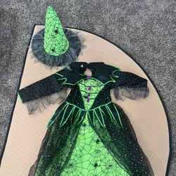 HALLOWEEN COSTUME - GIRLS SMALL - GREEN & BLACK GLITTERY WIT HAT - 