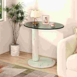 Glass Round Coffee Table End Table, 22-Inch Modern Tempered Transparent Glass Top,Perfect for Living Room,Cafe,Home,and Office(White)