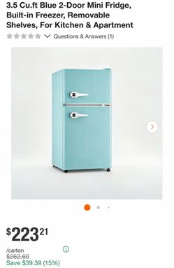 3.5 Cu.ft Blue 2-Door Mini Fridge, Built-in Freezer, Removable Shelves, For Kitchen & Apartment