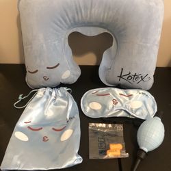 Inflatable Travel Pillow, Air Neck Pillow Lightweight Stay Cool Fabric Self Pump Up + Eye Mask + Earbuds + Reusable Bag [Blue)