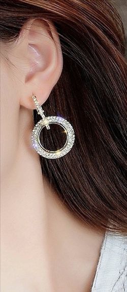 Full Crystal Circle Earrings for Women Luxury Round Shiny, Silver Color