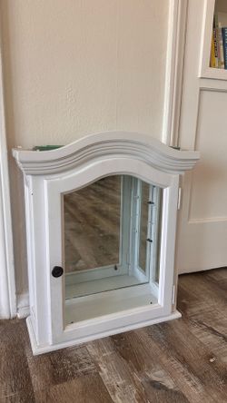 Vintage White Wall Cabinet with Glass Door. Bathroom mirror