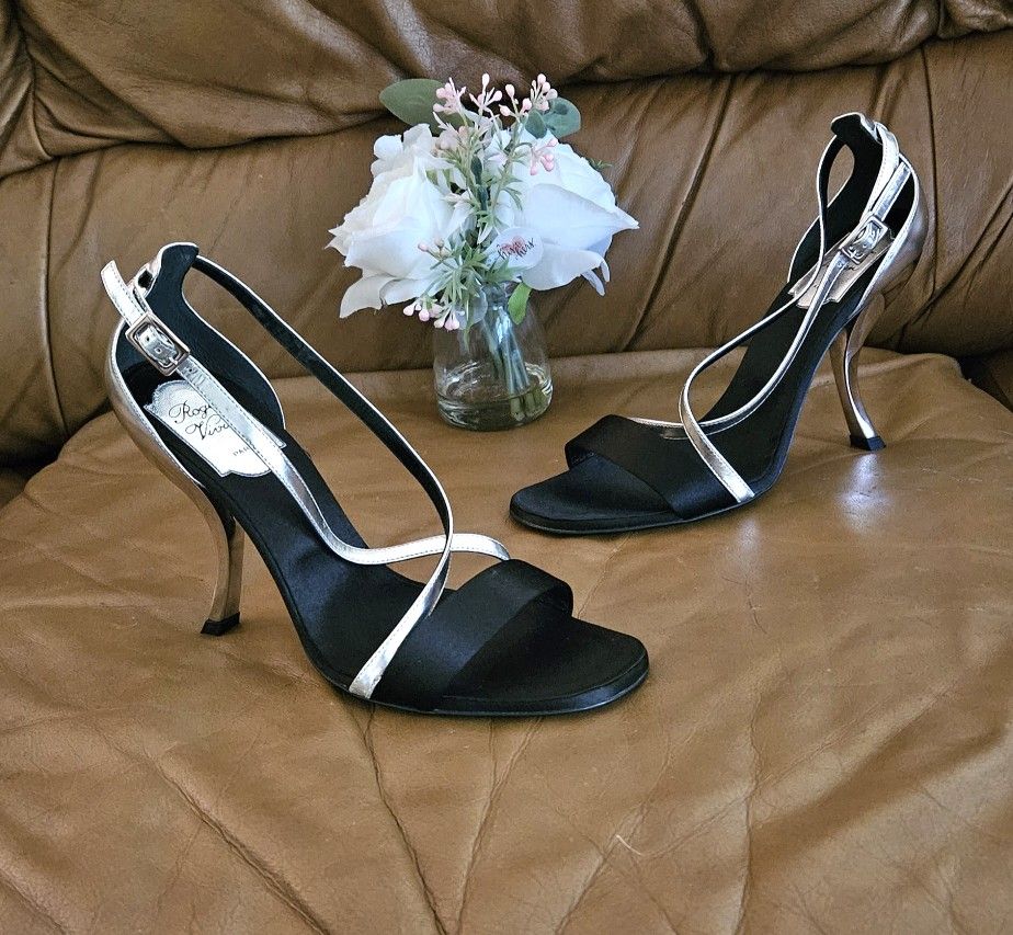 Women's Roger Vivier Metallic Silver Black Satin Luxury Buckle Sandals Heels Size 7 US