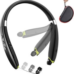 2023 Upgraded Neckband Bluetooth Headset with Retractable Earbuds, Noise Cancelling Stereo Earphones with Mic, Foldable Wireless Headphones for Sports