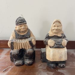 Antique Hand Carved Accordion Playing Figurines