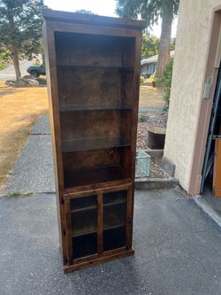 Bookcase, Cherry, 3 Glass Shelves, CupboardW/One Shelf, Delivery