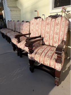 Set of 8 Carved Wood Upholstered Dining Chairs