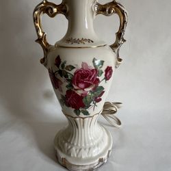 ANTIQUE VINTAGE WORRALL TABLE LAMP VICTORIAN Red ROSES Gold 1940’s Working