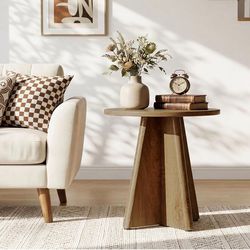 Tribesigns Round End Table, 19.7" Small Wooden Couch Side Table with Sculptural Base