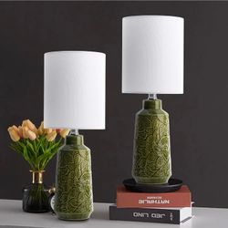 18" Green Ceramic Table Lamps Set of 2 Bedside Office