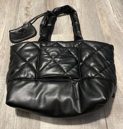 Large black quilted tote with matching wallet great shape !