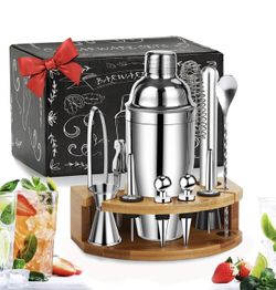 BestGK Bartender Kit Cocktail Shaker Set, Perfect Home Bartending Kit with Stylish Stand, 25oz Stainless Steel Martini Shaker with Cocktail Recipes Bo