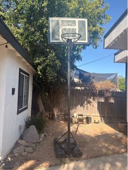 Basketball hoop and 7 basket balls and metal rack