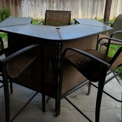 Outdoor Patio Bar Table Set – Hexagonal Glass Top + 4 Chairs – Good Condition