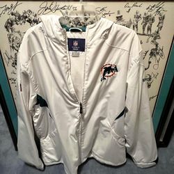 Miami Dolphins Reebok, Hooded Jacket With Full Zip Front Fleece Lining Velcro Clothes Pockets/Cuffs - size L