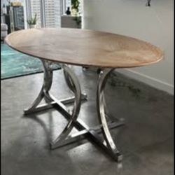 Solid Wood - Made Goods  Dining Table in White Cerused Oak + Polished Silver Metal Leg