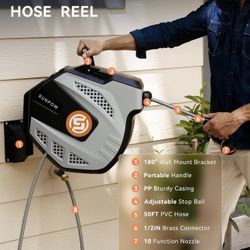 Retractable Garden Hose Reel - 1/2 inch x 50ft Wall Mounted Hose Reel with 3/4 inch Brass Fitting & 10 Function Sprayer Nozzle - Any Length Lock, Auto