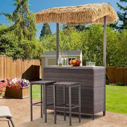 Outdoor Tiki Bar Set, 3 Pieces Wicker Patio Bar Set w/2 Height Stools, Storage Shelf, Canopy, Plastic Wood Tabletop for Backyard Poolside Garden, Brow