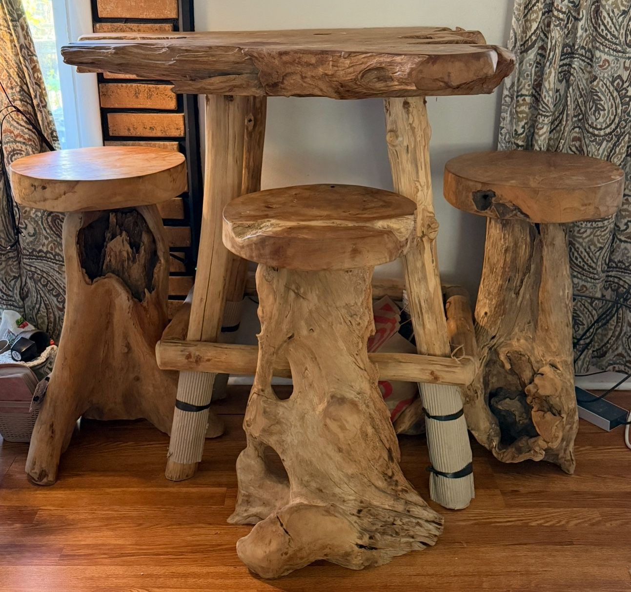 Rustic Teak Table & 3 Stools