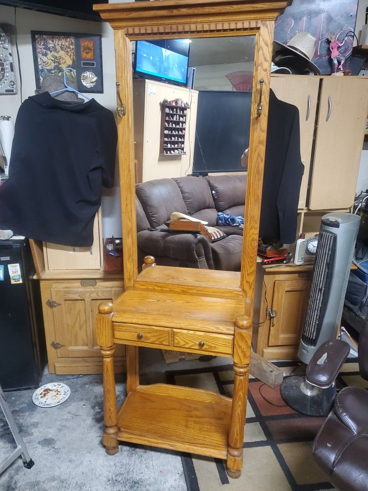 Oak Hall Tree With Coat Hooks ,Mirror , And Drawer