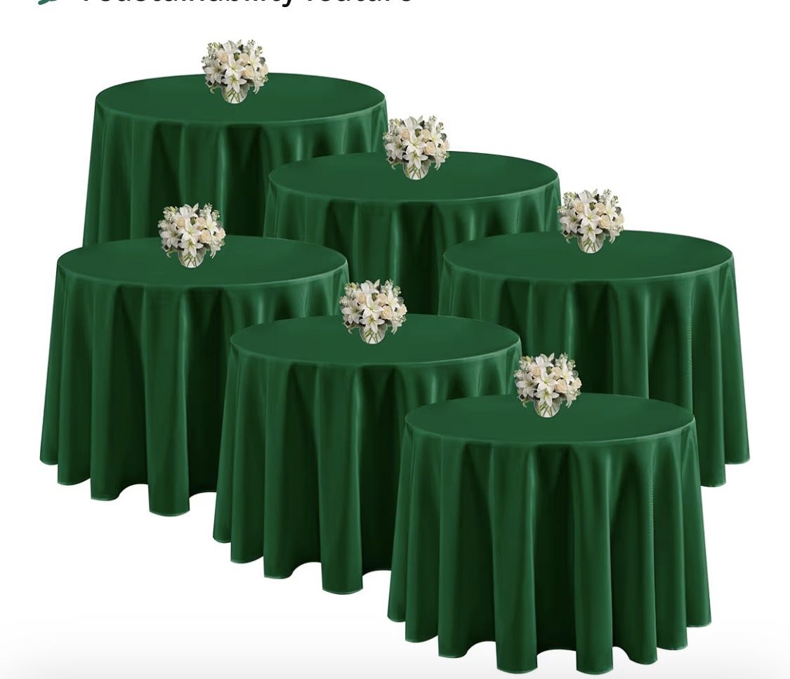  6 Pack Hunter Green Round Tablecloths - 108 Inches Round - Wrinkle and Stain Resistant Fabric Table Clothes, Washable Polyester Table Covers for Wedd