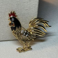 Gold Tone Enamel Rooster with Blue Rhinestone Eye and Clear Rhinestone Acceted Body Brooch