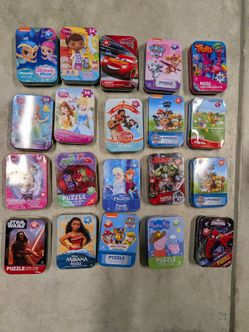 Lot of 20 Kids Mini Jigsaw Puzzles in Storage Tins (Disney, Paw Patrol, Marvel)