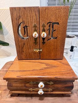 Vintage Wood Jewelry Armoire with Monogram Doors