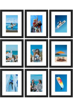 New Vittanly 8x10 Picture Frames Set of 9, Shatter Resistant Plexiglass, Display 5x7 Pictures with Mat or 8x10 without Mat, Photo Frames for Wall or T