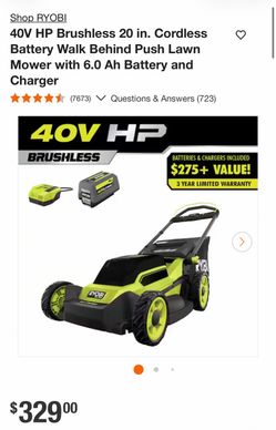 Shop RYOBI 40V HP Brushless 20 in. Cordless Battery Walk Behind Push Lawn Mower with 6.0 Ah Battery and Charger