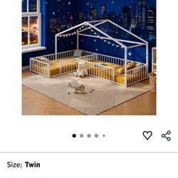 JIJIWANG Double Twin Size L-Shaped Floor Bed Frame,Metal Montessori Bed with Fence,House-Style Floor Bed for 2 Kids Without Slats White