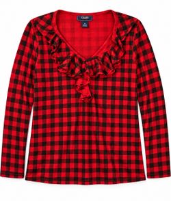 Chaps Denim Red Black Plaid, Ruffled Collar Knit Top, Women’s Size 2X, NWT