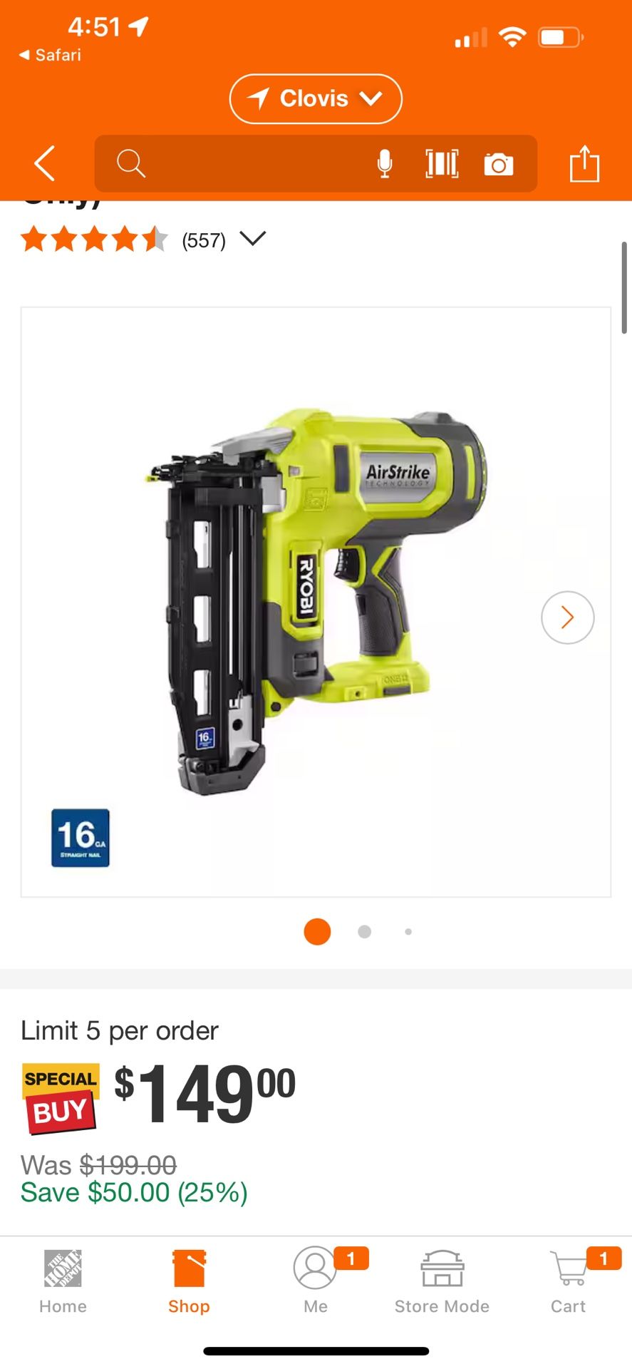 Ryobi One Finish Nailer 