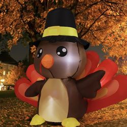 4FT Tall Thanksgiving Inflatables Turkey Baby in Hat with Built-in LEDs Blow Up Yard Decoration for Holiday Season Party Indoor Outdoor Garden Lawn