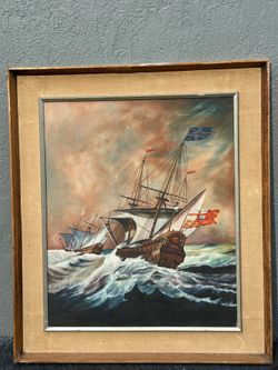 Vintage Nautical Seascape Oil Painting Sailing Ships Ocean Marine Art Framed 31”x36”