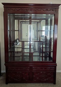 84” Cherry Wood Lighted Curio Cabinet / Display Hutch