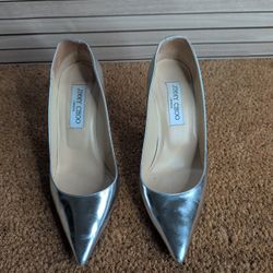 Jimmy Choo Silver High Heels 10cm Pointed Toe Size 37.5 Used