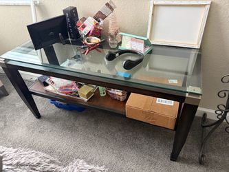 Glass Top Console Table – Dark Wood