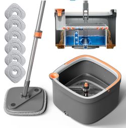 Spin Mop and Bucket Set with 6 Replaceable Microfiber Mop Pads with Self Separation Dirty and Clean Water System