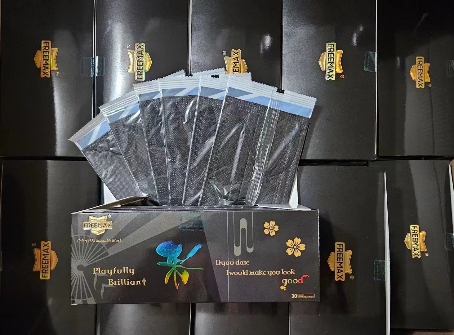 black color 3ply mask all individual pack 