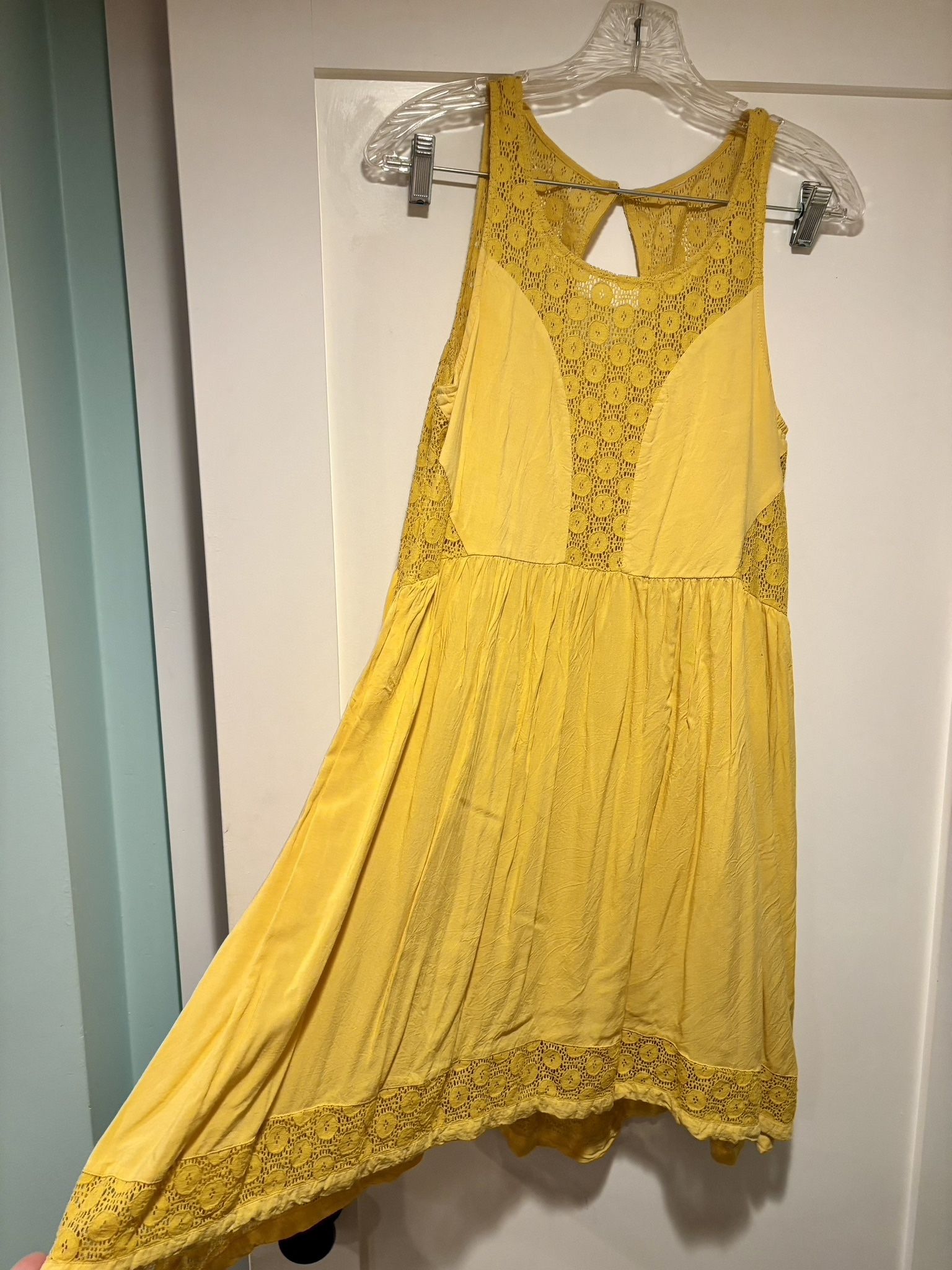 Yellow Sleeveless A-Line Flowy Swing Dress with Floral Crocheted Hollow Out & Pockets Size S