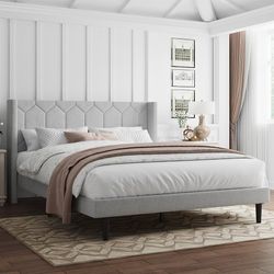 Queen Size Bed Frame with Headboard, Linen Upholstered Platform Bed Frame No Box Spring Needed, Queen Sized Modern Bedframe with Strong Wooden Slats, 