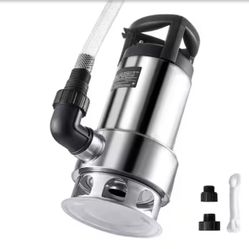 1HP Sump Pump, 4020GPH, 30 ft. Lift Stainless Steel Submersible Sludge Pump with 26FT. Automatic ON/OFF Float Switch