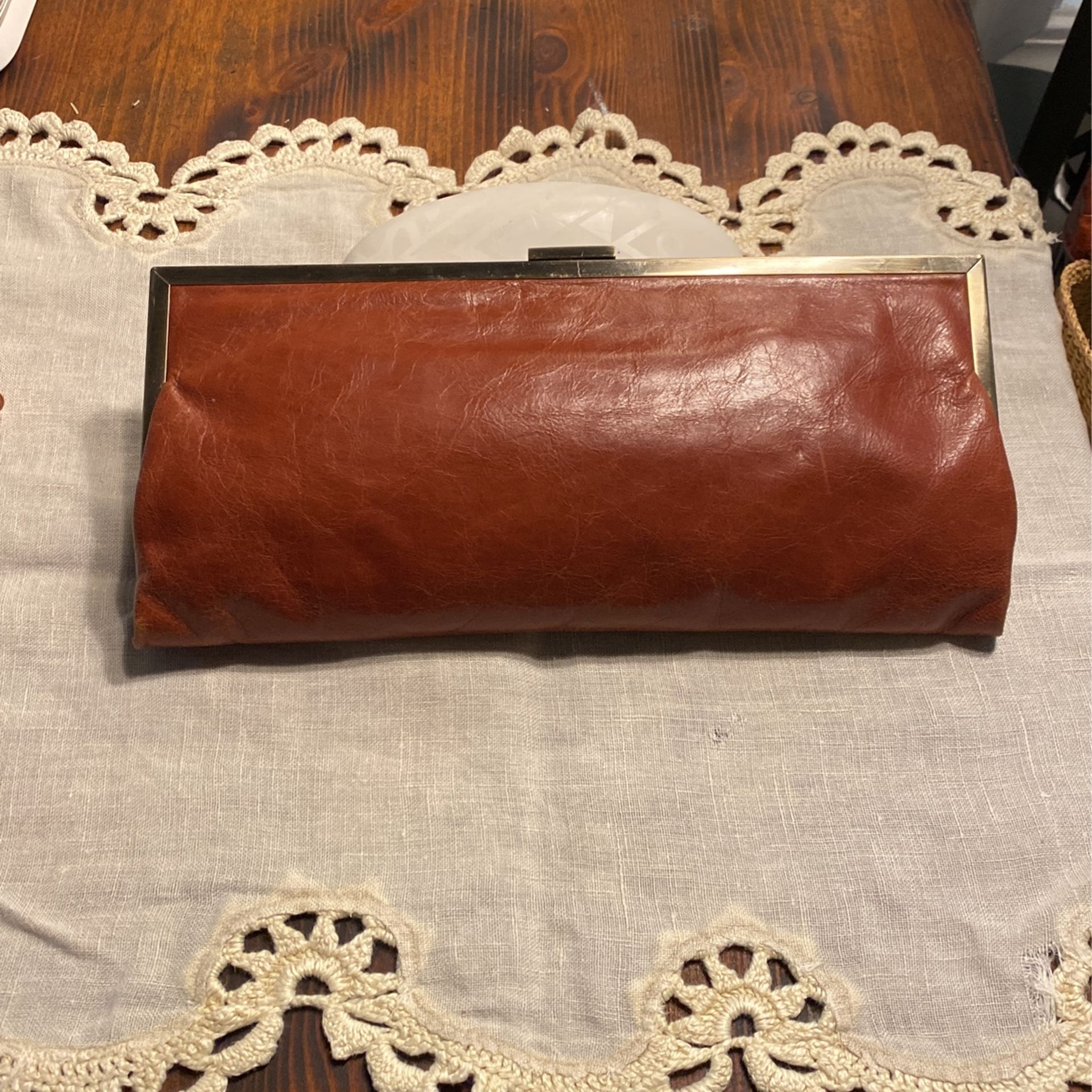 HOBO Cognac Leather Paisley XL Clutch Purse