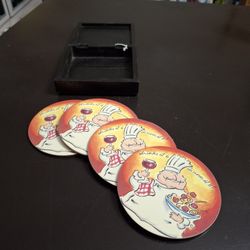 Vintage French "Tres Bon" Chef Round Cork Bottom Coasters In A Black Wooden Box Set Of 4