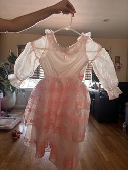 Pink Floral Lace Puff Sleeve Dress
